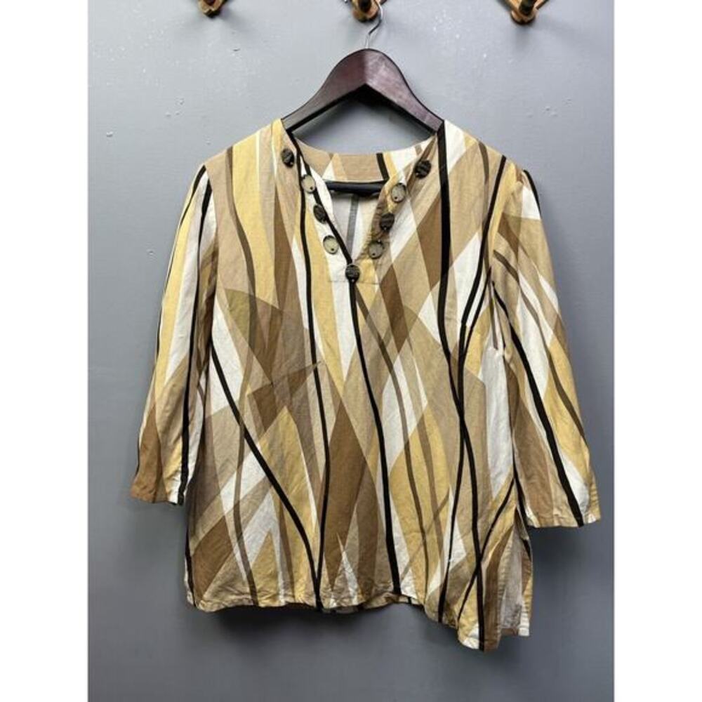 Kasper Tunic Top Womens size 8 Linen blend Tan White Shell Beach Notch Neck
